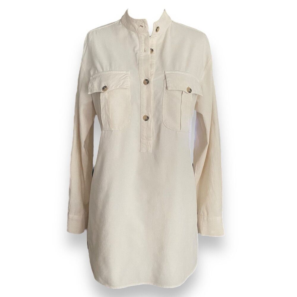 Zara Tunic Shirt Women XS Relaxed Fit Oversized Beige Corduroy Long Sleeve
